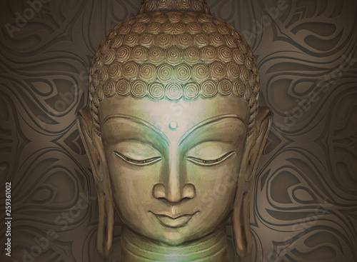 Head of the Lord Buddha in profile on a on delicate beige background. Collage, digital art. Illustration