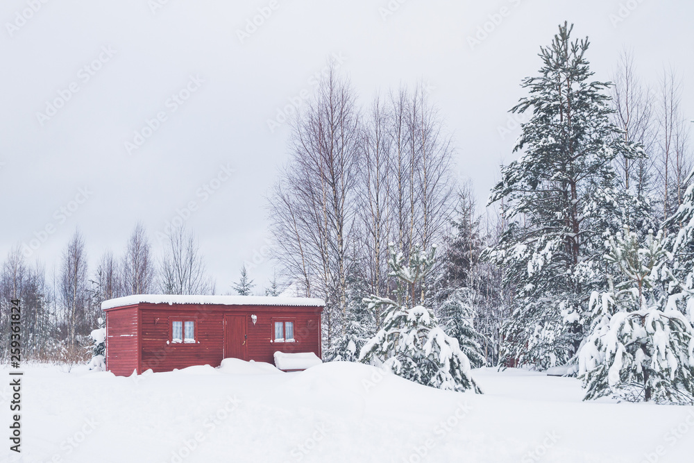 Wooden shed in the forest on the territory of a private house in winter Wooden shed in the forest on the territory of a private house in winter