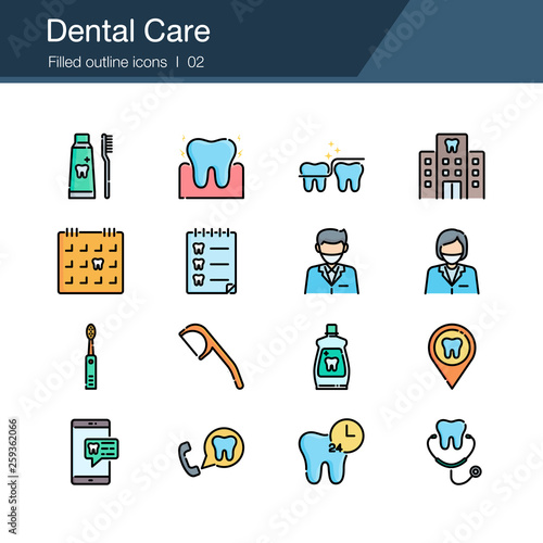 Dental care, prevention, check up and dental treatment icons. Filled outline design. For presentation, graphic design, mobile application, infographics, UI.