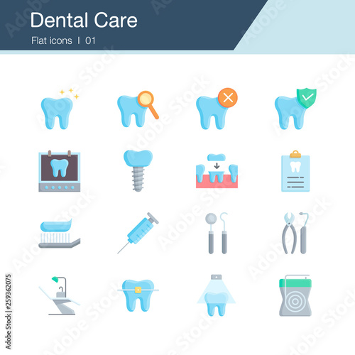 Dental care, prevention, check up and dental treatment icons. Flat design. For presentation, graphic design, mobile application, infographics, UI.