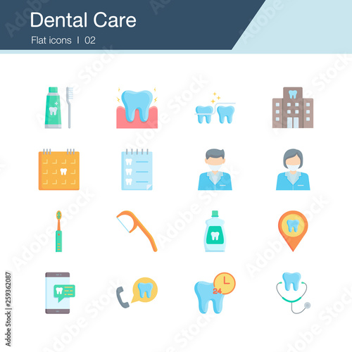 Dental care, prevention, check up and dental treatment icons. Flat design. For presentation, graphic design, mobile application, infographics, UI.