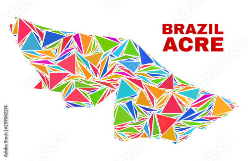 Mosaic Acre State map of triangles in bright colors isolated on a white background. Triangular collage in shape of Acre State map. Abstract design for patriotic decoration.