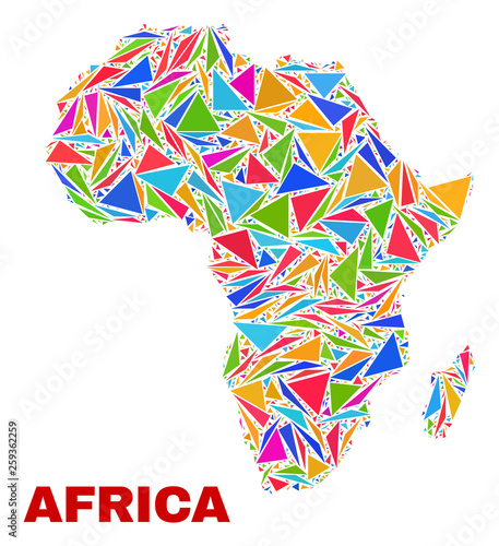 Mosaic Africa map of triangles in bright colors isolated on a white background. Triangular collage in shape of Africa map. Abstract design for patriotic purposes.