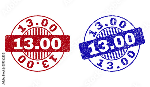 Grunge 13.00 round stamp seals isolated on a white background. Round seals with grunge texture in red and blue colors. Vector rubber watermark of 13.00 caption inside circle form with stripes.