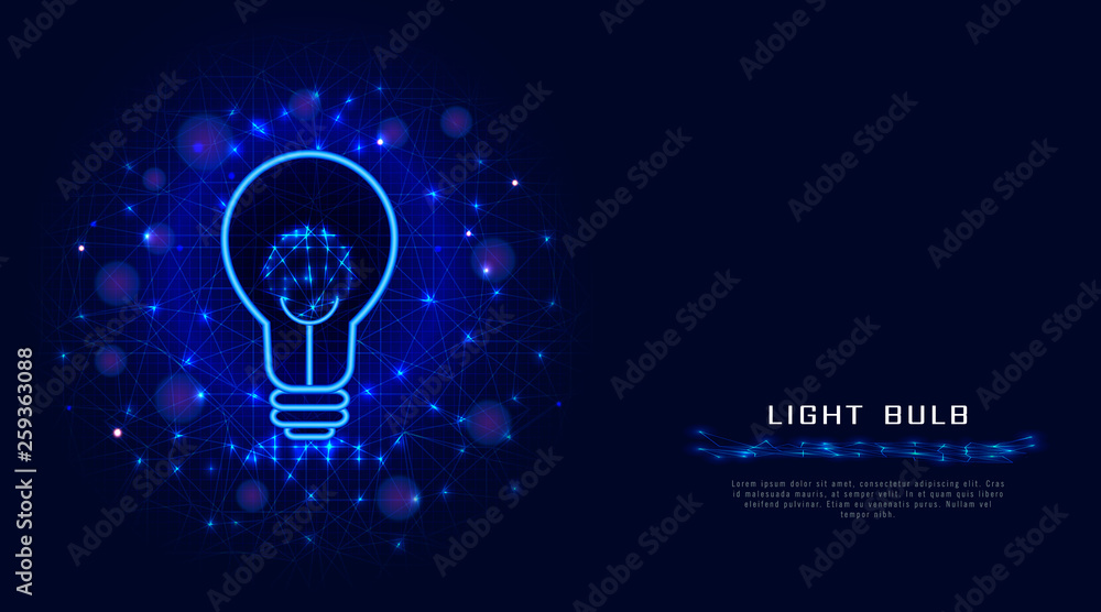 Lamp or light bulb from lines, points and triangles on abstract blue background. Lightbulb design concept for creative idea, digital data or knowledge. Banner or poster template. Vector illustration Lamp or light bulb from lines, points and triangles on abstract blue background. Lightbulb design concept for creative idea, digital data or knowledge. Banner or poster template. Vector illustration