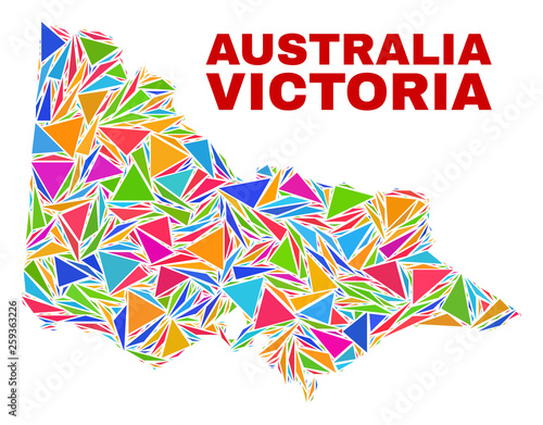 Mosaic Australian Victoria map of triangles in bright colors isolated on a white background. Triangular collage in shape of Australian Victoria map. Abstract design for patriotic purposes.