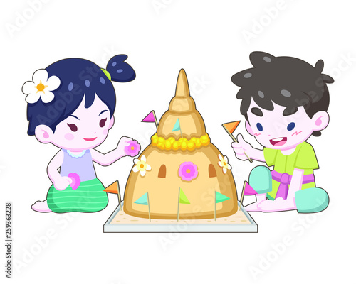 Cute cartoon style Thai girl and boy in vintage wearing making and decorating sand pagoda illustration