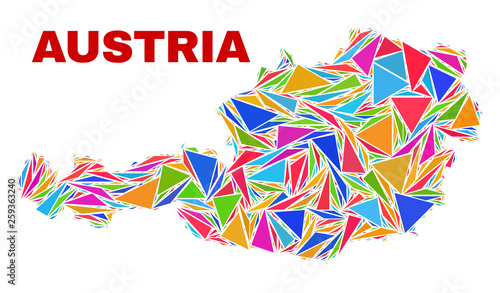 Mosaic Austria map of triangles in bright colors isolated on a white background. Triangular collage in shape of Austria map. Abstract design for patriotic illustrations.