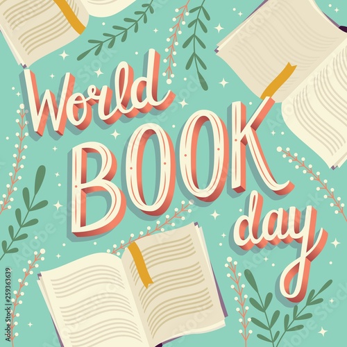 World book day, hand lettering typography modern poster design with open books