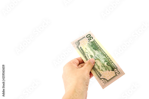 fifty dollars in hand on white background