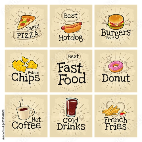 Set fast food and bubble. Vector color flat icon on dark