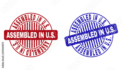 Grunge ASSEMBLED IN U.S. round stamp seals isolated on a white background. Round seals with grunge texture in red and blue colors. Vector rubber watermark of ASSEMBLED IN U.S.