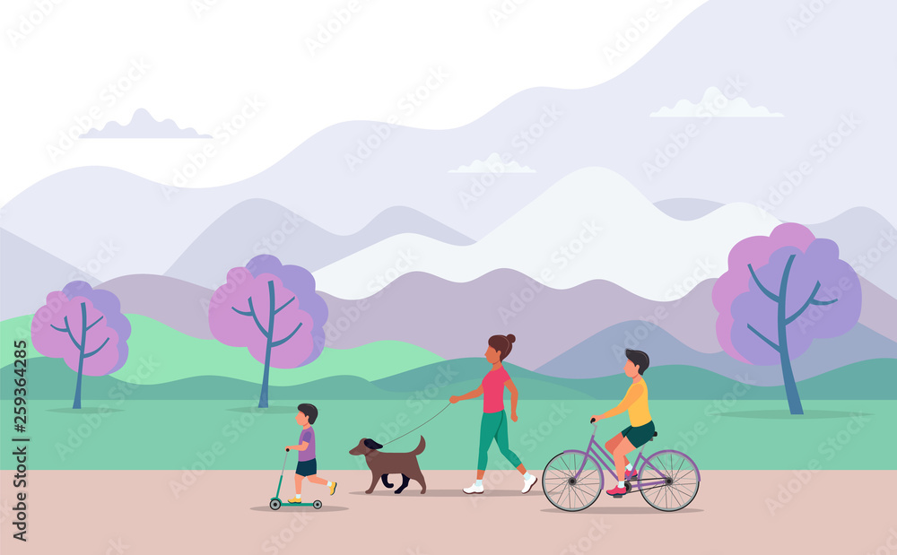 Family doing various outdoor activities in the park. Riding the bike, the scooter walking the dog. Parents with child. Mountains landscape. Vector illustration of healthy lifestyle. Family doing various outdoor activities in the park. Riding the bike, the scooter walking the dog. Parents with child. Mountains landscape. Vector illustration of healthy lifestyle.