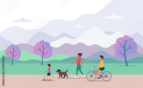 Family doing various outdoor activities in the park. Riding the bike, the scooter walking the dog. Parents with child. Mountains landscape. Vector illustration of healthy lifestyle.