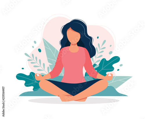 Woman meditating in nature and leaves. Concept illustration for yoga, meditation, relax, recreation, healthy lifestyle. Vector illustration in flat cartoon style photo