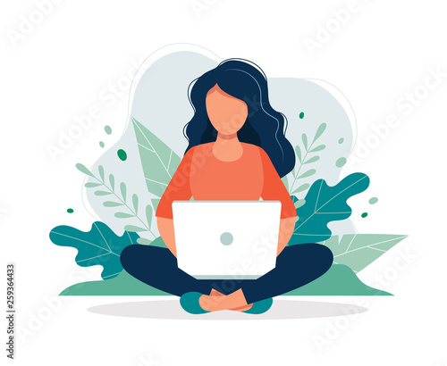 Woman with laptop sitting in nature and leaves. Concept illustration for working, freelancing, studying, education, work from home. Vector illustration in flat cartoon style