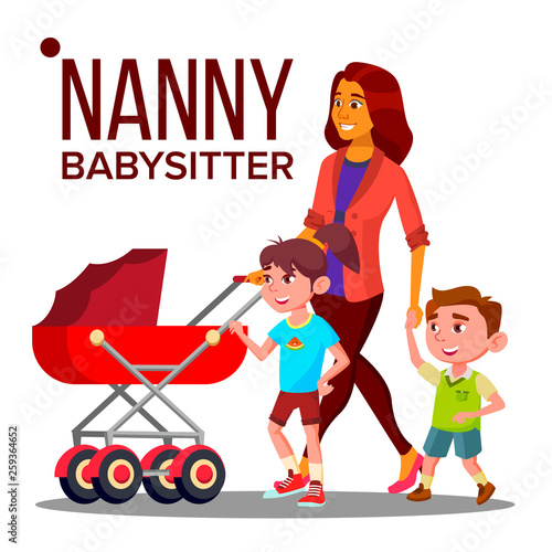 Nanny Woman Vector. Babysitter Nanny With Children. Care Family. Illustration