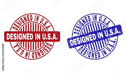 Grunge DESIGNED IN U.S.A. round stamp seals isolated on a white background. Round seals with grunge texture in red and blue colors. Vector rubber imitation of DESIGNED IN U.S.A.