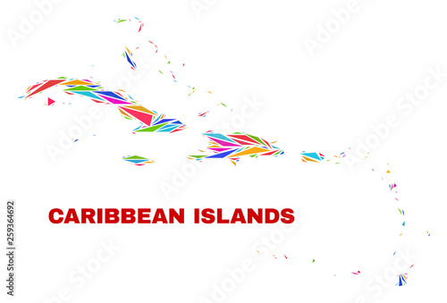Mosaic Caribbean Islands map of triangles in bright colors isolated on a white background. Triangular collage in shape of Caribbean Islands map. Abstract design for patriotic decoration.