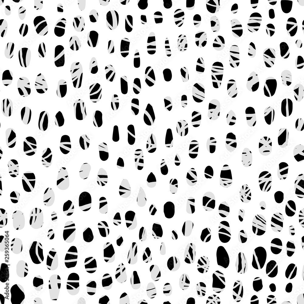 Modern vector seamless pattern with small abstract pebble like shapes in grey and black color on white background
