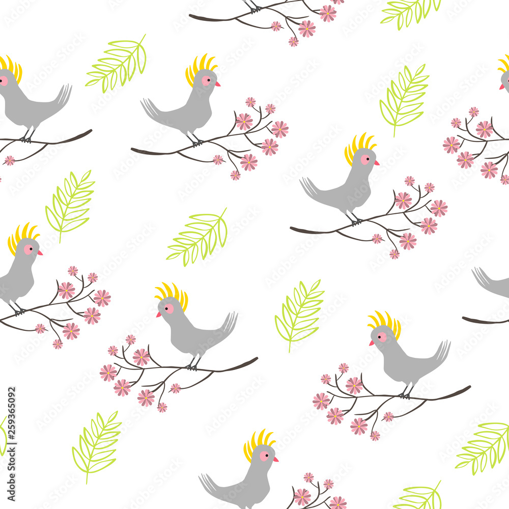 Seamless pattern with parrot bird, branch with flowers.