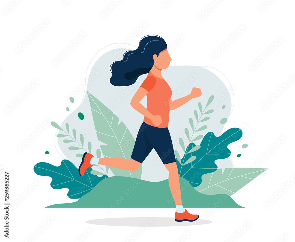 Happy woman running in the park. Vector illustration in flat style, concept illustration for healthy lifestyle, sport, exercising.