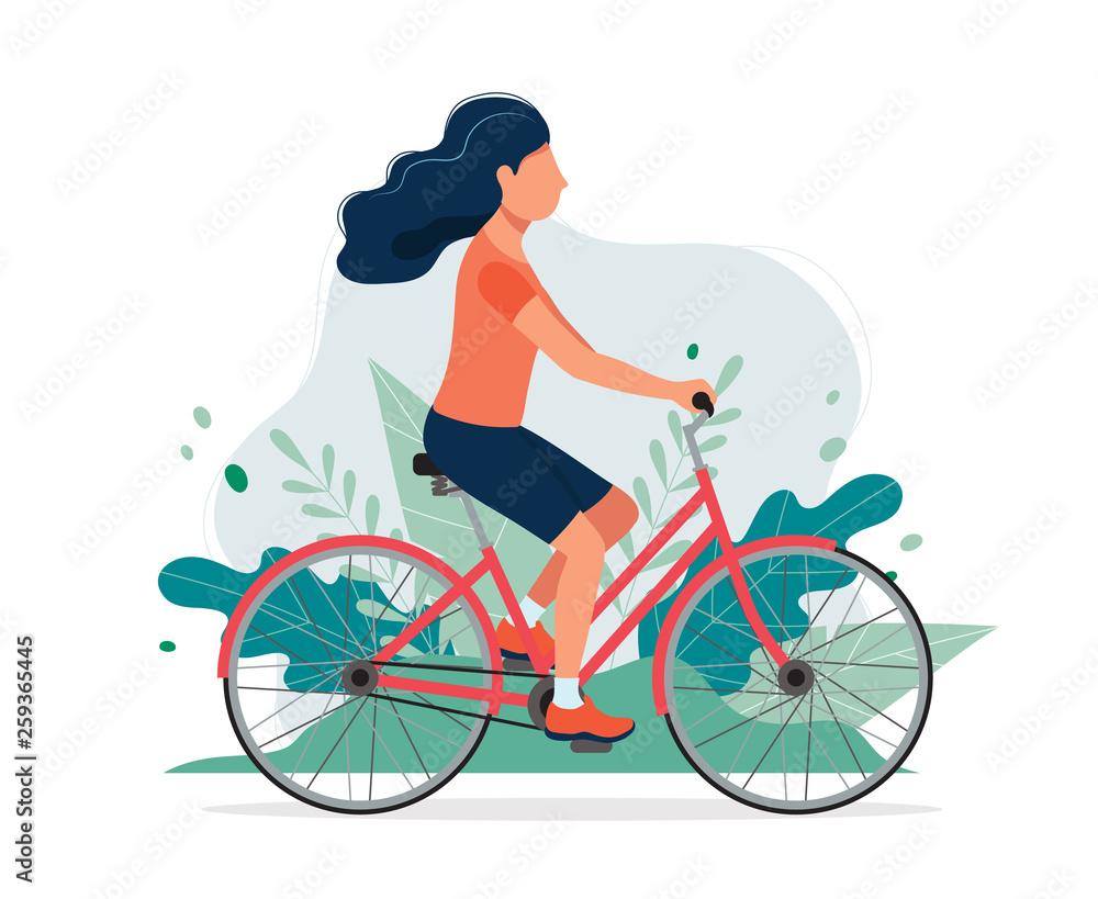 Happy woman with a bike in the park. Vector illustration in flat style, concept illustration for healthy lifestyle, sport, exercising. Happy woman with a bike in the park. Vector illustration in flat style, concept illustration for healthy lifestyle, sport, exercising.