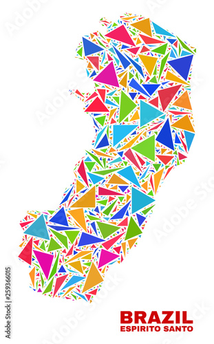 Mosaic Espirito Santo State map of triangles in bright colors isolated on a white background. Triangular collage in shape of Espirito Santo State map. Abstract design for patriotic purposes.