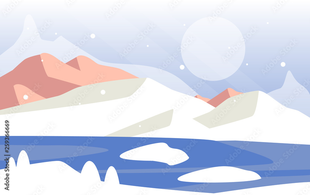 Beautiful winter natural landscape, scene of nature with snowy mountains and sun vector Illustration