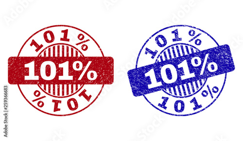 Grunge 101 Percents round stamp seals isolated on a white background. Round seals with distress texture in red and blue colors. Vector rubber imprint of 101 Percents caption inside circle form with