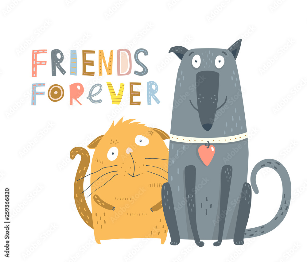 Cat and Dog Friends. Funny kitty and dog puppy graphic cartoon. Vector  illustration. Stock Vector | Adobe Stock