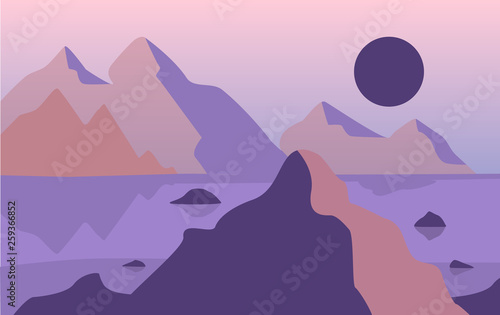 Beautiful natural landscape, scene of nature with mountains in evening time vector Illustration