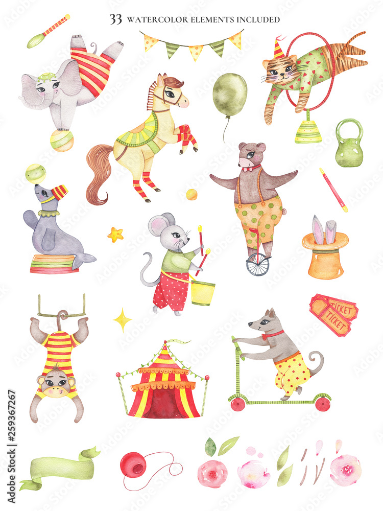 Set of watercolor circus elements animals bear on unicycle elephant on ball horse tiger jumping Set of watercolor circus elements animals bear on unicycle elephant on ball horse tiger jumping