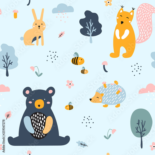 Semless cute woodland pattern with forest animals.