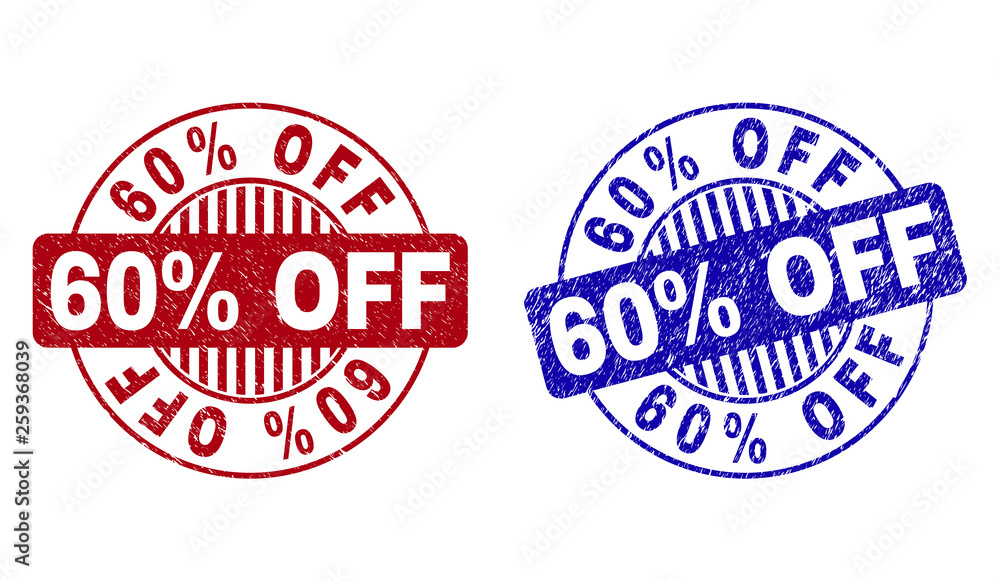 Grunge 60 Percents OFF round stamp seals isolated on a white background. Round seals with grunge texture in red and blue colors. Vector rubber watermark of 60 Percents OFF tag inside circle form with Grunge 60 Percents OFF round stamp seals isolated on a white background. Round seals with grunge texture in red and blue colors. Vector rubber watermark of 60 Percents OFF tag inside circle form with