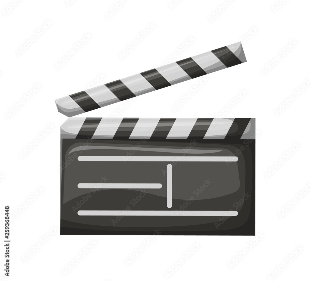 Open movie clapper on white. Empty check board with stripes, black glossy cinema object, equipment for making video production, film industry vector