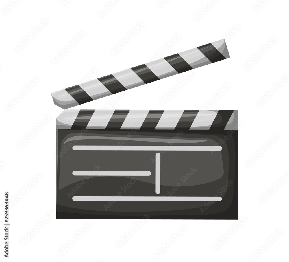 Fototapeta premium Open movie clapper on white. Empty check board with stripes, black glossy cinema object, equipment for making video production, film industry vector