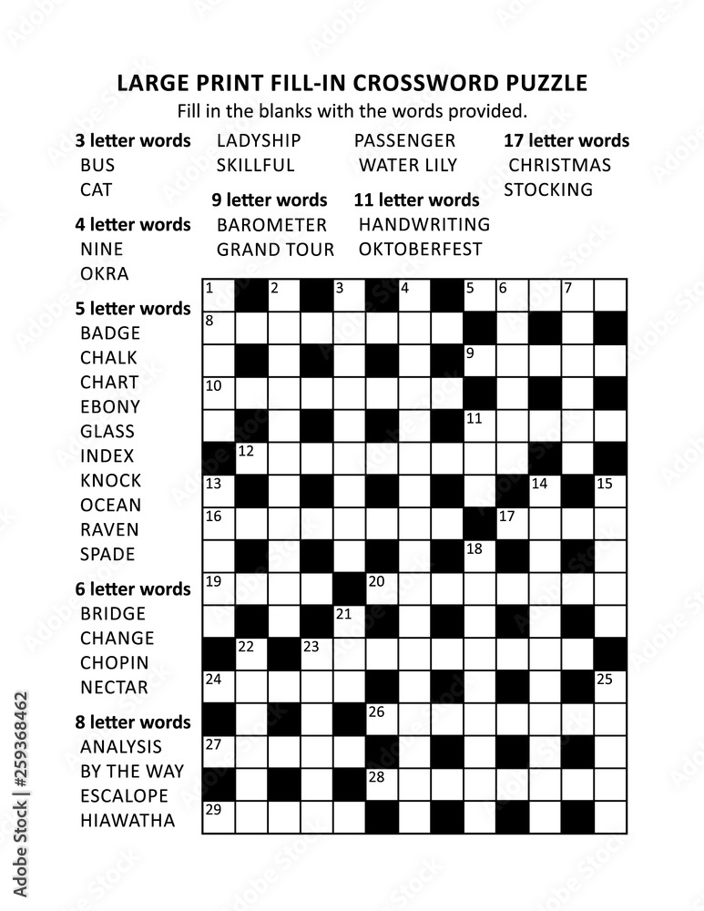 Puzzle page with large print criss-cross (kriss-kross, fill-in) crossword  puzzle: Fill in the blanks with the words provided. Black and white, A4 or  Letter sized. Stock Vector | Adobe Stock