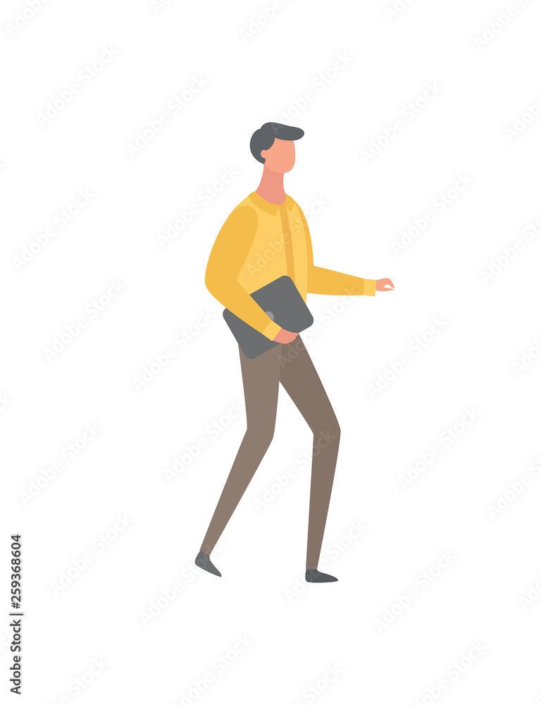 Financial analytic with briefcase in hands, man in orange shirt and brown trousers isolated on white, consulting manager in flat design cartoon style vector Financial analytic with briefcase in hands, man in orange shirt and brown trousers isolated on white, consulting manager in flat design cartoon style vector