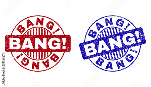 Grunge BANG Exclamation round stamp seals isolated on a white background. Round seals with grunge texture in red and blue colors. Vector rubber watermark of BANG Exclamation text inside circle form