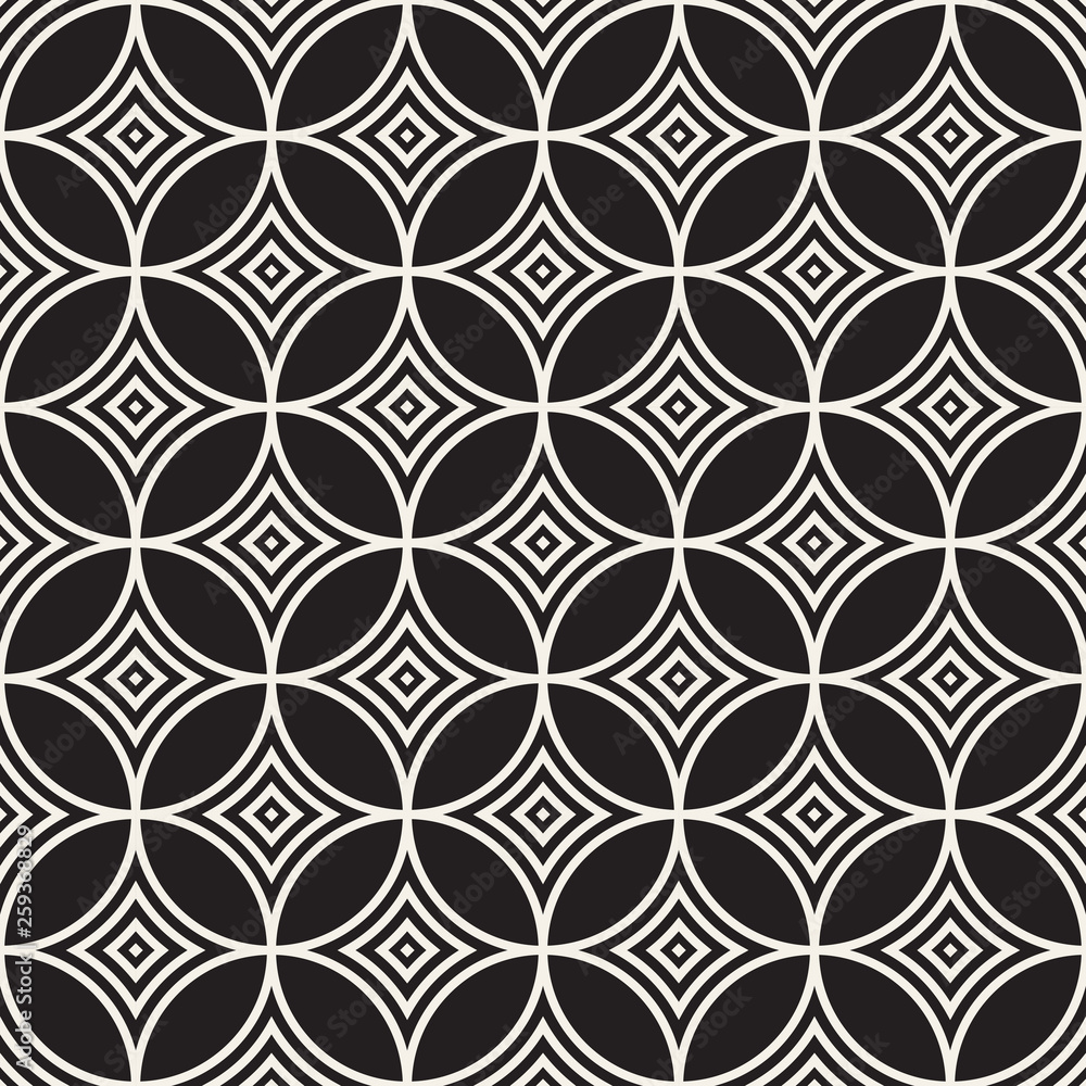Seamless pattern with symmetric lines ornament. Elegant vector decorative background. Abstract geometric lattice design.