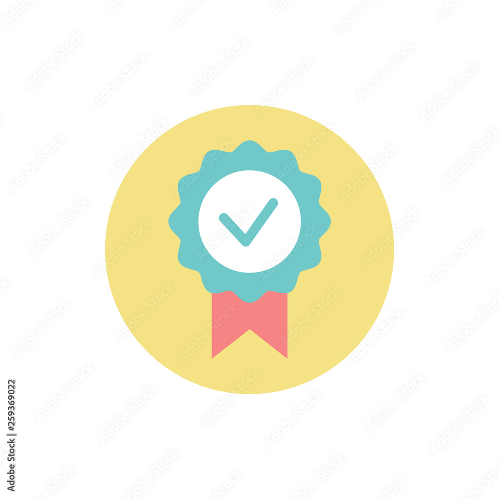 Check mark in circle vector, prize award for achievements isolated icon. Seal with ribbon and rounded shape, approved choice, positive response tick Check mark in circle vector, prize award for achievements isolated icon. Seal with ribbon and rounded shape, approved choice, positive response tick