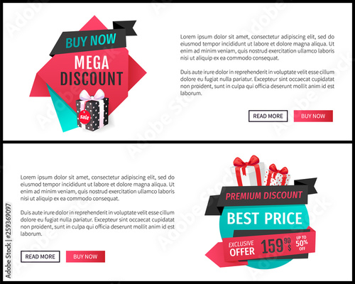 Mega discount on best price, buy now deal bargain web pages vector. Premium goods, exclusive products. Presents and gifts, stores sellout proposition