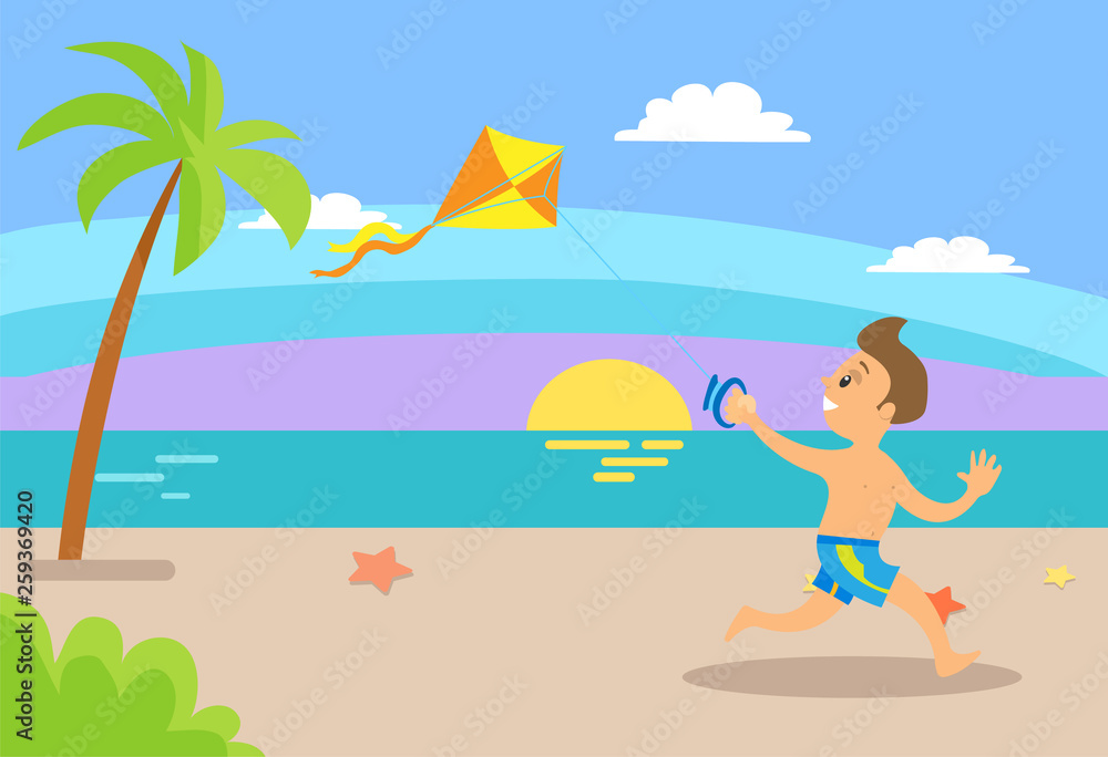 Summer holidays vector, summertime vacations kid. Boy running along beach coastline with sea water, sunset and relaxation by seaside, exotic tourism