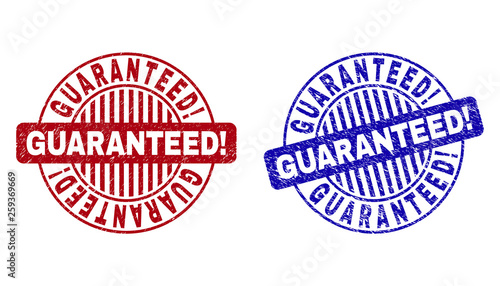 Grunge GUARANTEED Exclamation round stamp seals isolated on a white background. Round seals with grunge texture in red and blue colors. Vector rubber imprint of GUARANTEED Exclamation tag inside