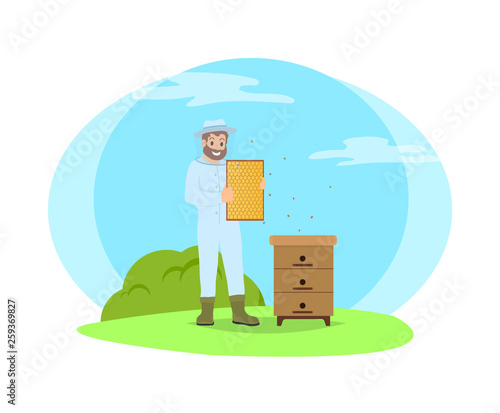 Beekeeper wearing protective uniform and plastic mask. Beekeeping production of bee honey. Beehive and man holding honeycomb in hands isolated vector