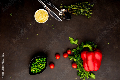 Fresh vegetables flatlay. Food layout on dark background