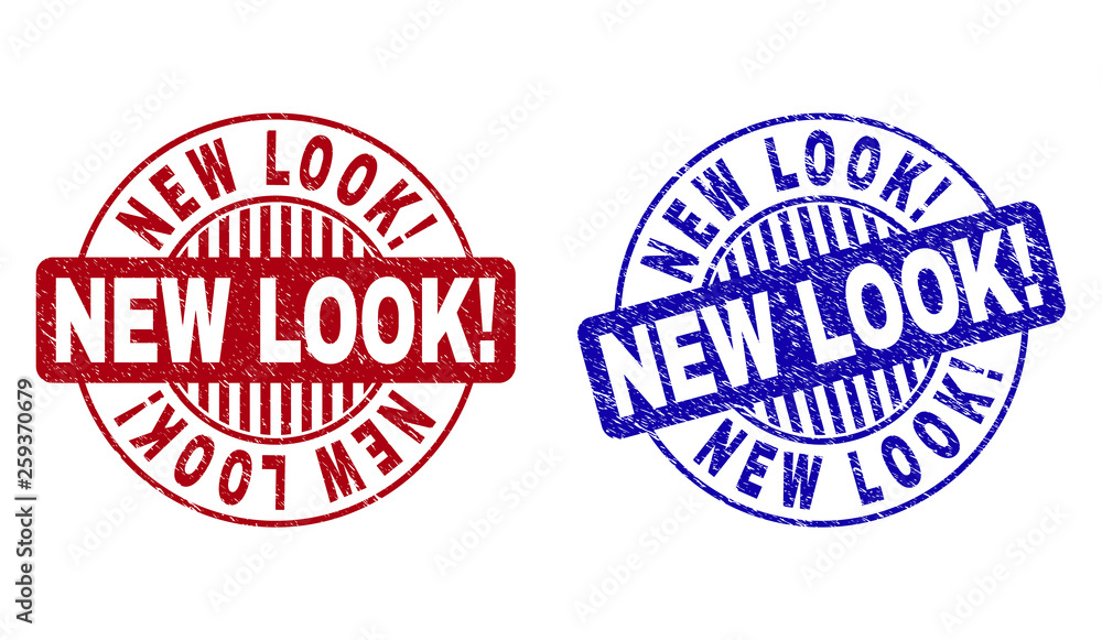 Grunge NEW LOOK Exclamation round watermarks isolated on a white background. Round seals with grunge texture in red and blue colors. Vector rubber imitation of NEW LOOK Exclamation text inside circle