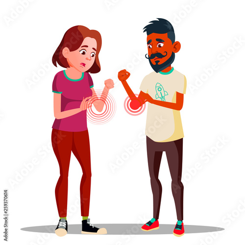 Elbow Vector. Man, Woman With Elbow Pain. Arm Joint. Bone Injury Illustration