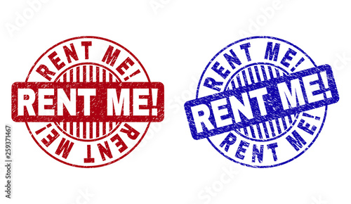 Grunge RENT ME Exclamation round stamp seals isolated on a white background. Round seals with grunge texture in red and blue colors. Vector rubber overlay of RENT ME Exclamation label inside circle